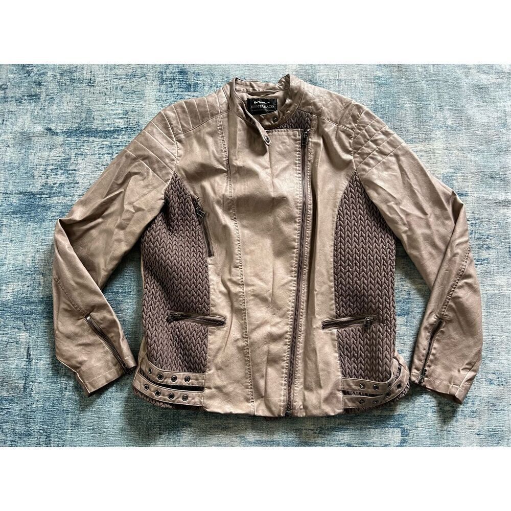 Montanaco Tan Brown Faux Leather Moto Style Jacket with Cabled Panel Inserts XL
